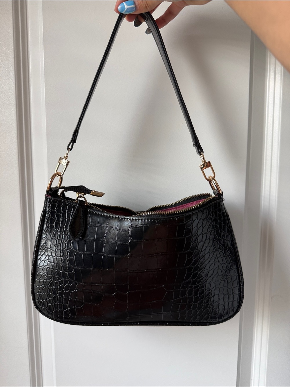 Black Croc-Embossed Shoulder Bag